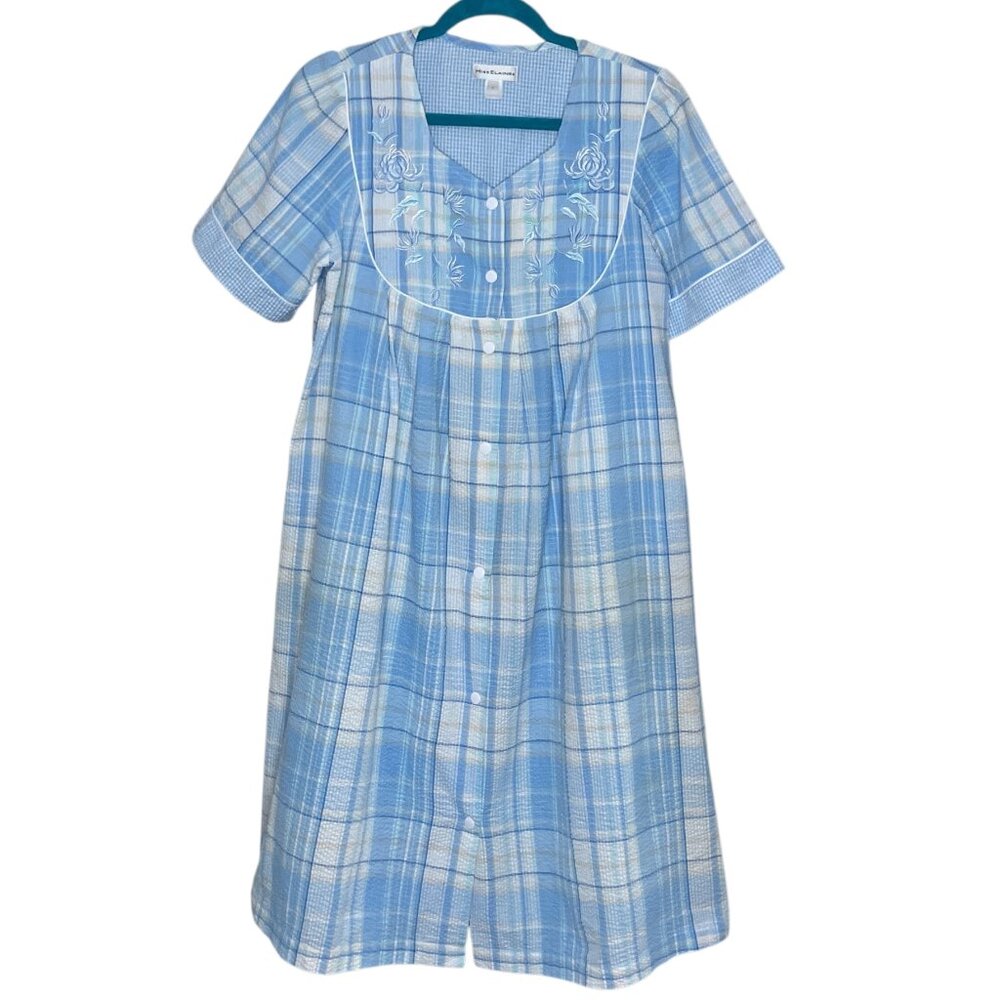 Miss Elaine S Seersucker Nightgown Housedress House‎ Coat Cottage Core Granny